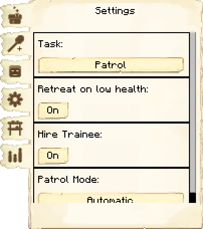 Settings tab of the Barracks Tower it's GUI